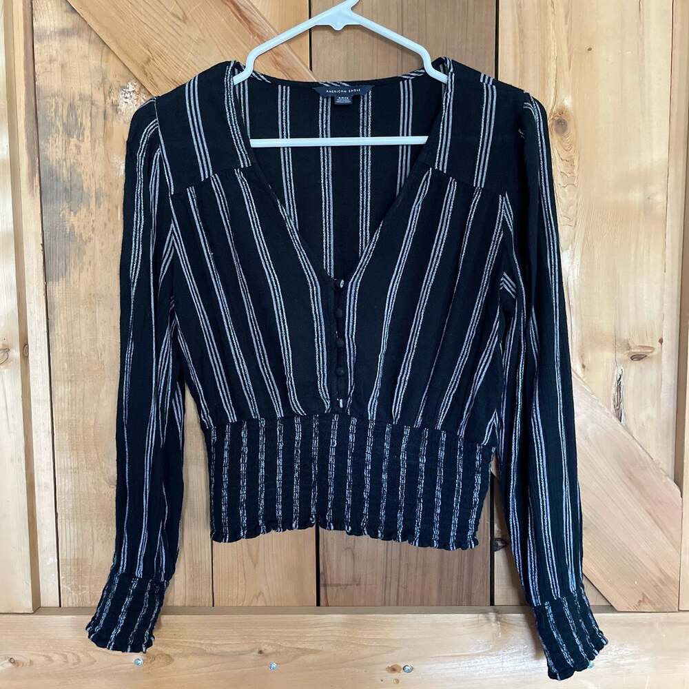 American Eagle Black and White Striped Smocked Long Sleeve Crop Top Size S